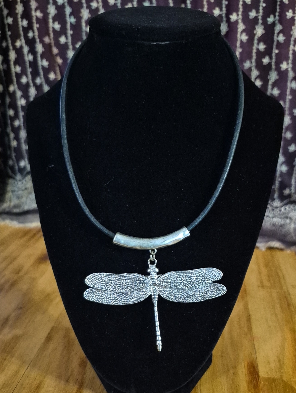 Silver Dragonfly Pendant Necklace - Black Cord